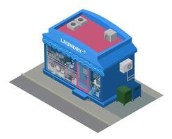 Isometric Laundry Building With Washing Machines In Showcase. Isometric City Building. vector