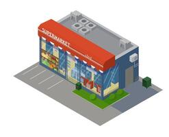 Isometric Supermarket Building With Showcase With Groceries. Isometric Shop Building With Parking Place. vector