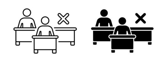 Missing student icon. Vacant place symbol. Fired employee illustration. Worker shortage sign. Workman dismissal pictogram. Classroom concept with missing student sitting at school desk. vector