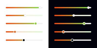 Gradient slider control bar set on white and black background. Power level adjusting controller illustration. Web and App interface multimedia settings panel. Power level template. vector