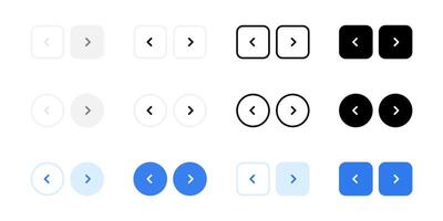Web interface navigation buttons icon set. Slider arrow buttons symbols. Next and previous round buttons for app. Simple website arrow buttons in three different styles collection. vector