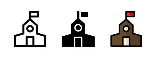 School building icon. Castle with flag symbol. Brow tower with red banner illustration. University pictogram. Residence or town hall concept. vector