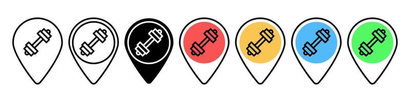 Gym location pin icon set. Gym map pointer navigation symbol. Fitness marker position illustration. Map button with dumbbell in different colors concept collection. vector