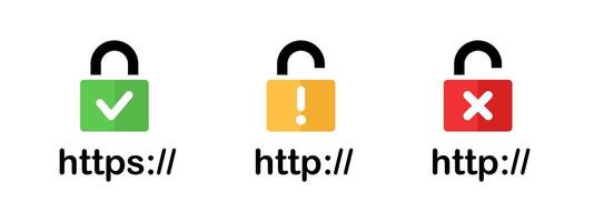 Domain security padlock icon. HTTPS and HTTP network privacy status. Web browser encryption protection symbol. SSL certificate sign. Insecure server connection illustration. Website URL status. vector