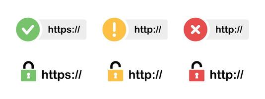 HTTPS website URL security icon. Network protection and privacy symbol. Domain security illustration. SSL certificate pictogram. Insecure web browser encryption sign. Server safety concept. vector