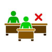 Missing student icon with red cross. Vacant place symbol. Fired employee illustration. Worker shortage sign. Workman dismissal pictogram. Green person sitting at the table with missing student. vector