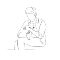 Continuous line art of a man with his cat. vector