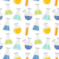 Seamless pattern with cartoon chemical flasks different shapes with colored liquid in flat style. Isolated on white. vector