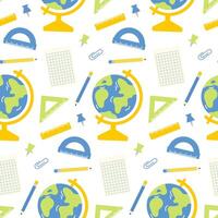 Seamless pattern with cute school supplies. Globe, ruler, pen in flat style. Isolated on white background. Back to school. vector
