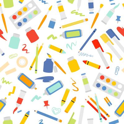Seamless pattern with cartoon drawing art supplies and painting tools in flat style. School background isolated on white. Colored pencils, markers. Watercolor paint, brushes. Drawings for children.