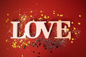 Close up of the word Love on a red background. Bright backdrop with silver sequins and golden round confetti. photo