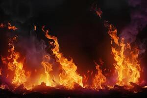 A Spectacular Blaze Flames Dance Against a Shadowy Background, Creating a Captivating Scene of Fiery Energy and Raw Power, Engulfing the Atmosphere. photo