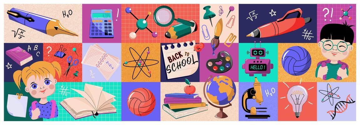 Banner Back to school. Children with backpacks, books, paints and a brush, pen, pencil, light bulb, scissors, calculator, robot.