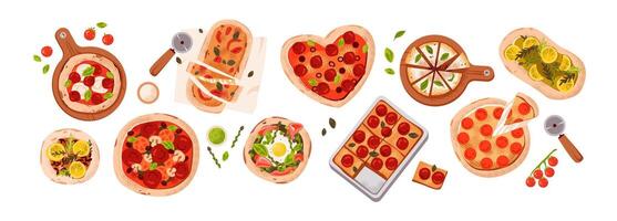 Pizza types set. Italian fast food pizza with different toppings. Flat illustration of a delicious pizza slice with pepperoni, mushrooms, and mozzarella vector