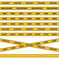 Construction or police crime scene sign with different restriction texts. Yellow and black warning tape design and restriction tape. Seamless caution, under maintenance, do not enter tape. vector