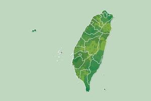 Taiwan watercolor map of green color with border lines of different counties on light background vector