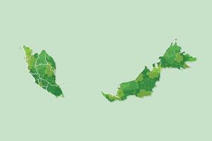 Malaysia watercolor map of green color with border lines of different states on light background vector