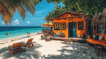 Tourists relaxing on beach with yellow bungalow on tropical island paradise photo