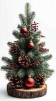 Christmas ornament and pine cone resting near spruce sprig on teal background with copy space photo