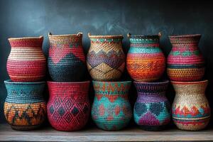 Colorful decorated pottery standing in a row on a shelf in a pottery workshop photo