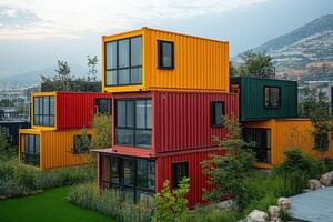 Modern container house with large windows overlooking tropical garden photo