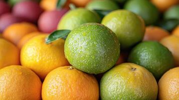 Fresh green tangerines covered with water drops are piled on top of each other photo