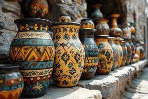 Colorful decorated pottery standing in a row on a shelf in a pottery workshop photo
