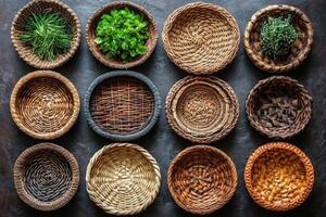 Colorful decorated pottery standing in a row on a shelf in a pottery workshop photo