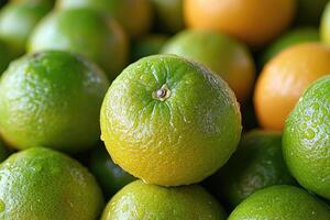 Fresh green tangerines covered with water drops are piled on top of each other photo
