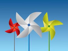 Colorful paper pinwheels arrange in a row on blue background vector