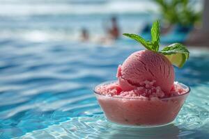 Refreshing frozen drink garnished with lime and mint in a glass, positioned by a luxurious swimming pool with clear blue water and tropical scenery in the background. photo