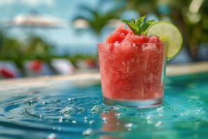 Refreshing frozen drink garnished with lime and mint in a glass, positioned by a luxurious swimming pool with clear blue water and tropical scenery in the background. photo