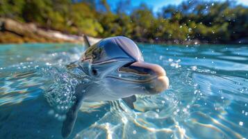 A dolphin's head pops out of the clear, blue water, creating a playful and friendly scene under the bright sunlight. photo