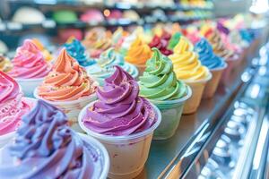 Selection of various flavored ice creams in a display case at a shop photo