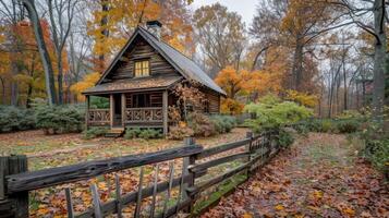 A picturesque rustic cabin surrounded by autumn foliage, with a wooden fence in the foreground and a peaceful pathway leading to the cabin, evoking a sense of tranquility. photo