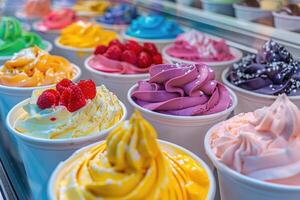 Selection of various flavored ice creams in a display case at a shop photo