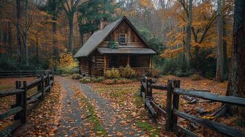 A picturesque rustic cabin surrounded by autumn foliage, with a wooden fence in the foreground and a peaceful pathway leading to the cabin, evoking a sense of tranquility. photo