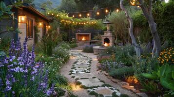 Charming garden patio featuring vibrant flowers, a stone walkway, comfortable seating, and outdoor fireplace, creating a serene and inviting outdoor living space. photo