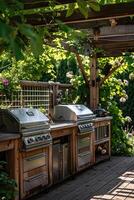 An inviting outdoor barbecue area featuring stainless steel grills, ample counter space, and lush greenery, perfect for outdoor cooking and dining experiences. photo