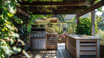 An inviting outdoor barbecue area featuring stainless steel grills, ample counter space, and lush greenery, perfect for outdoor cooking and dining experiences. photo