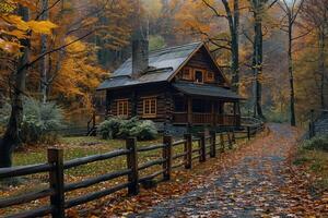 A picturesque rustic cabin surrounded by autumn foliage, with a wooden fence in the foreground and a peaceful pathway leading to the cabin, evoking a sense of tranquility. photo