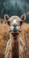 Camel standing in a grass field representing nature and wilderness in daylight. photo