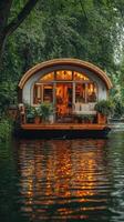 Modern floating house on calm water surrounded by trees. photo
