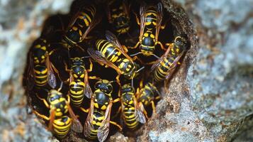 Close-up of wasp nest with multiple wasps in a tree. photo