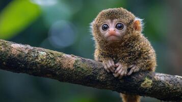 Adorable monkey peering with curiosity in the jungle. photo