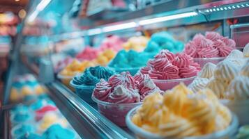 Selection of various flavored ice creams in a display case at a shop photo