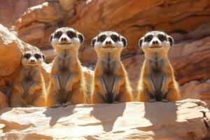 Group of meerkats standing upright in a sandy habitat photo