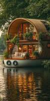 Modern floating house on calm water surrounded by trees. photo