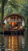 Modern floating house on calm water surrounded by trees. photo