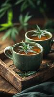 Cup of herbal tea with a cannabis leaf floating on it, surrounded by additional cannabis leaves and buds on a wooden tray photo